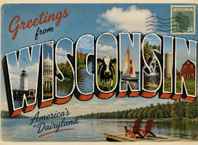 A postcard from Wisconsin showcasing its nickname, "America's Dairyland".