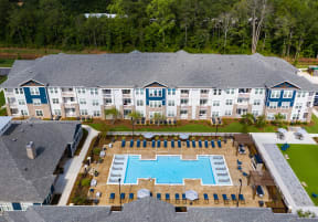 an aerial view of the resort style pool  at Promenade at Newnan Crossing, Newnan, Georgia