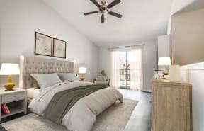 the master bedroom has a comfy bed and a ceiling fan