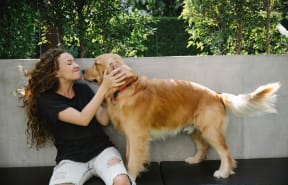 a woman sitting on a bench with a dog