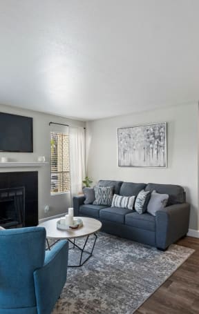 a living room with a fireplace and a tv