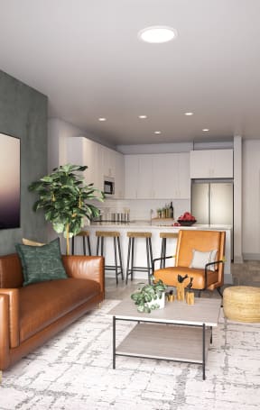 a rendering of a living room and kitchen in a house