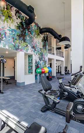 A gym with a variety of equipment including treadmills, weights, and exercise machines.