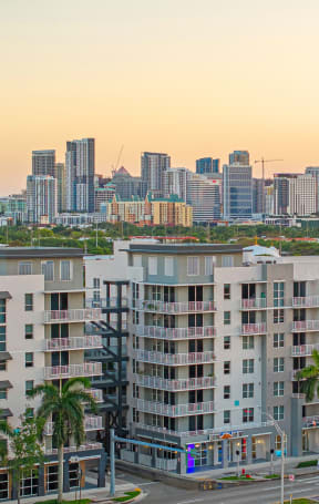 an aerial view of a city with tall buildings and palm trees
