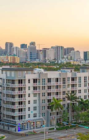 an aerial view of a city with tall buildings and palm trees