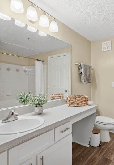 A bathroom with a white sink, toilet, and a mirror.