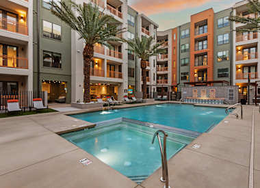 Pool and poolside area at Seven Oaks.