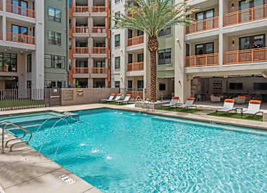 Pool and poolside area at Seven Oaks.