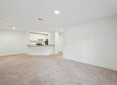 Wesley Hampstead Apartments at Douglasville living room with carpet and open kitchen - Lithia Springs, GA