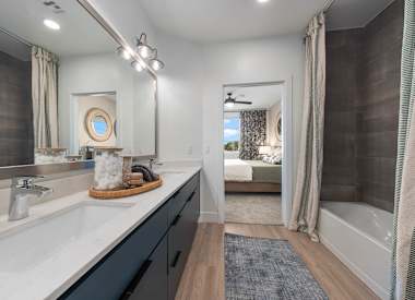 Apartment bathroom at Aura Uptown.