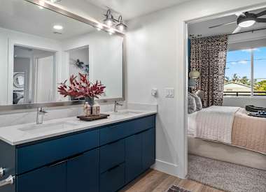 Apartment bathroom at Aura Uptown.