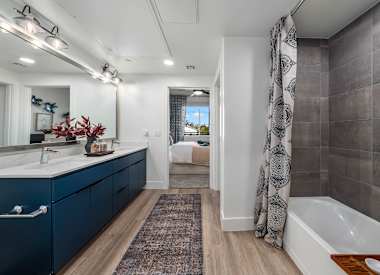 Apartment bathroom at Aura Uptown.