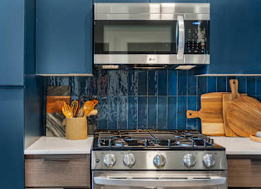 Apartment kitchen at Aura Uptown.