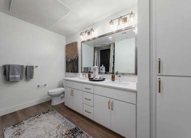 Apartment bathroom at Aura Uptown.