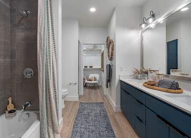 Apartment bathroom at Aura Uptown.