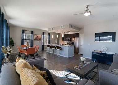 Furnished apartment living area shown at Union at Roosevelt I and II.