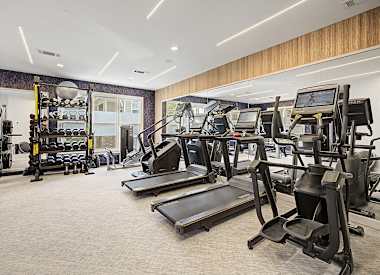 A gym with treadmills, weights, and other exercise equipment.