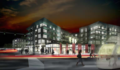 a rendering of a building at night with people walking in front of it