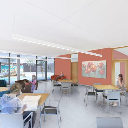 a rendering of a classroom with children and educators at tables and chairs