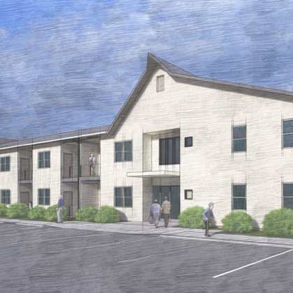 a rendering of a white building with people walking in front of it