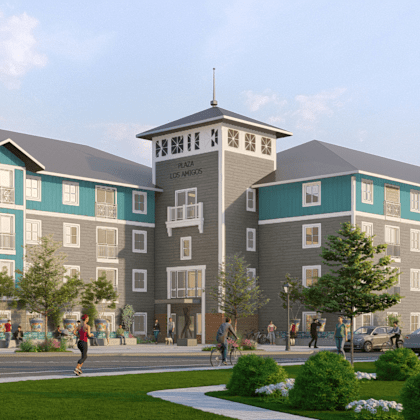 a rendering of a building with people walking in front of it