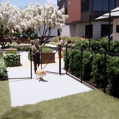 a dog is standing on a white path in a garden.