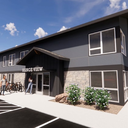 a rendering of a modern building with the name "range view" on the front.