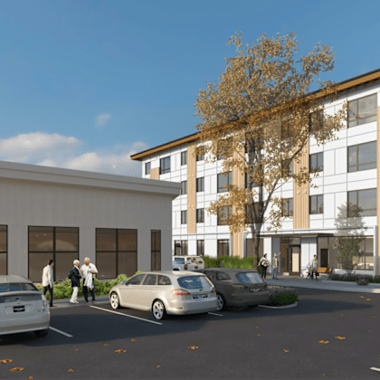 a rendering of the building with people walking around and cars parked in front of it