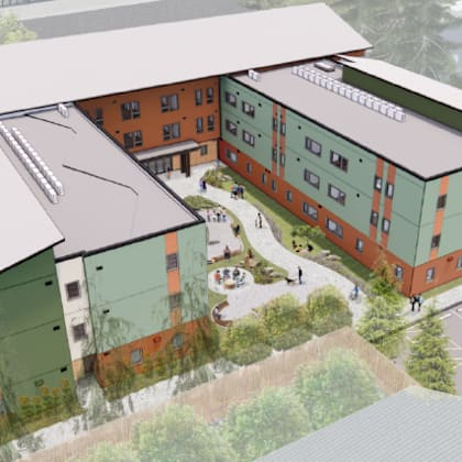 a rendering of a building with a roof over a street