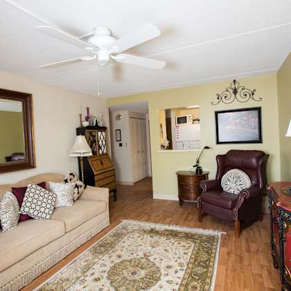 a living room with a couch, chair, and rug.
