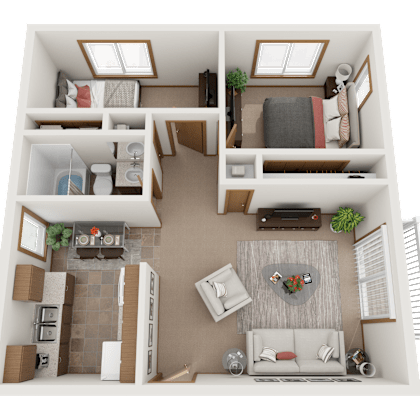 a 3d rendering of a 1 bedroom floor plan