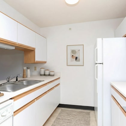 a kitchen with white cabinets and a white fridge.