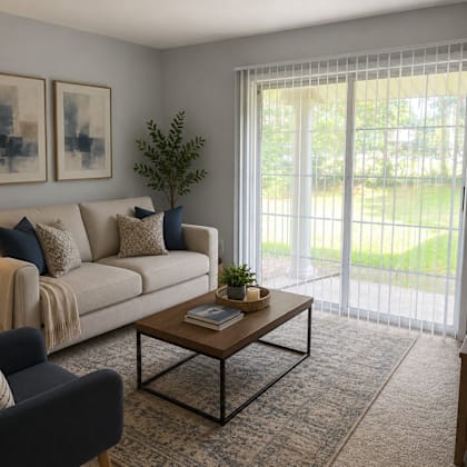 a living room with a sofa, chair, and a coffee table.