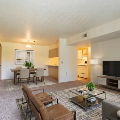a living room with a grey couch, a glass coffee table, and a television.