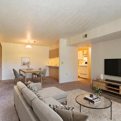 a living room with a grey couch and a glass coffee table.
