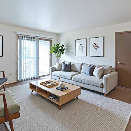 a living room with a sofa, a chair, a coffee table, and pictures on the wall.