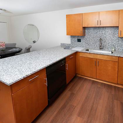 kitchen with tile backsplash at gray estates apartments, mrd conventional, st clair mi 48079