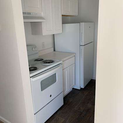 a kitchen with a stove and a refrigerator