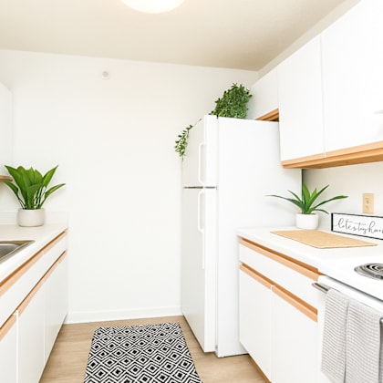 a kitchen with white cabinets and a white fridge.