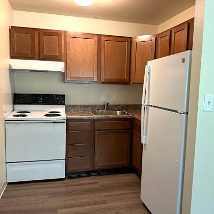 renovated kitchen in one bedroom apartment