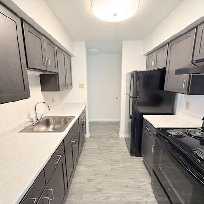 a kitchen with black cabinets and a black stove top oven.