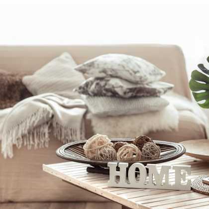 a cozy living room setting with a couch, a coffee table, and a plant.