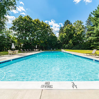 a large swimming pool surrounded by trees and lounge chairs.
