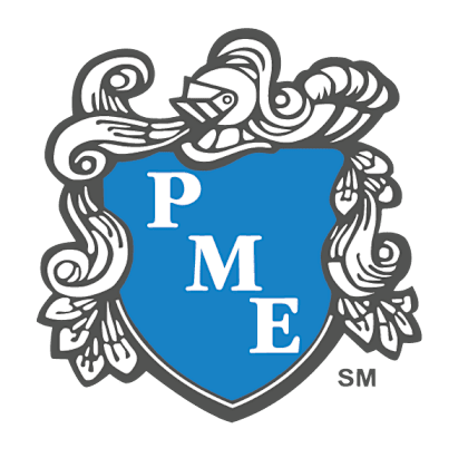 a decorative emblem with the letters p, m, and e on a blue shield.