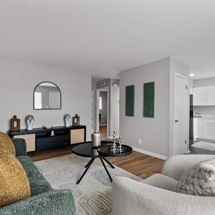 a living room with a grey couch and a black coffee table.