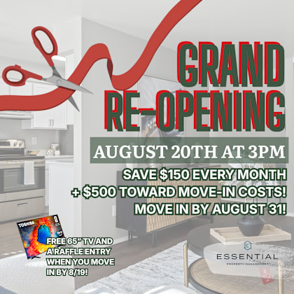 a grand re-opening advertisement for a store with a red ribbon and a tv on the left side.