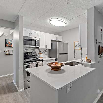a kitchen with a white countertop and a bowl of fruit on it.