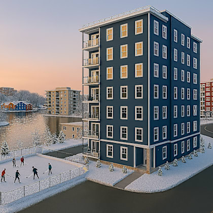 a group of people playing hockey on an outdoor rink.