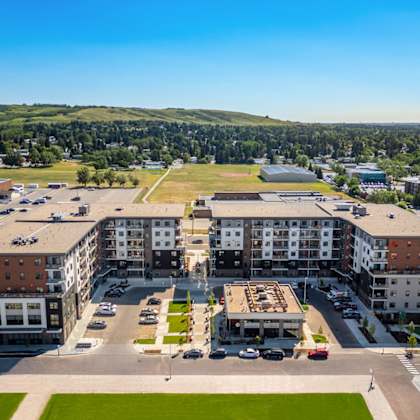 aerial view of modern apartment complex at plaza apartments, calgary, alberta
