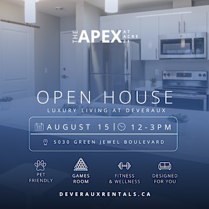 a poster advertises an open house for luxury living at deveraux acre on august 15th from 12-3 pm.